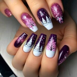 Purple, Pink And White Tree Press On Nails